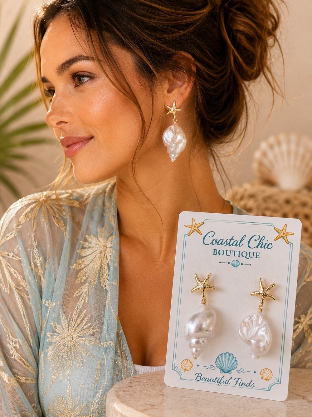 Coastal Starfish And Mother Of Pearl Conch Shell Earrings